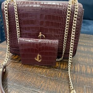 Jimmy Choo Burgundy Croc-Embossed Crossbody Bag with Gold Chain